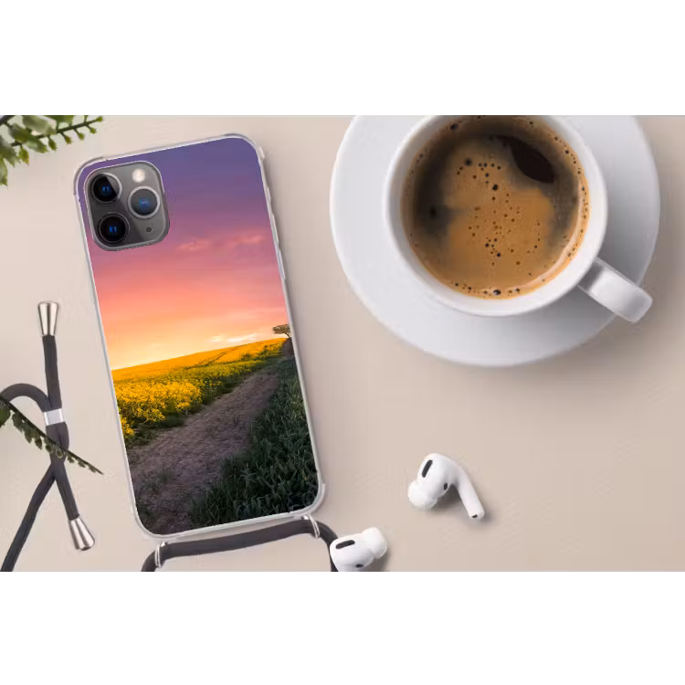 Bloemen - Weg - Lucht - Geel - Paars - Zonsondergang - Natuur Hoesje iPhone 12 Pro met koord klein -oordop