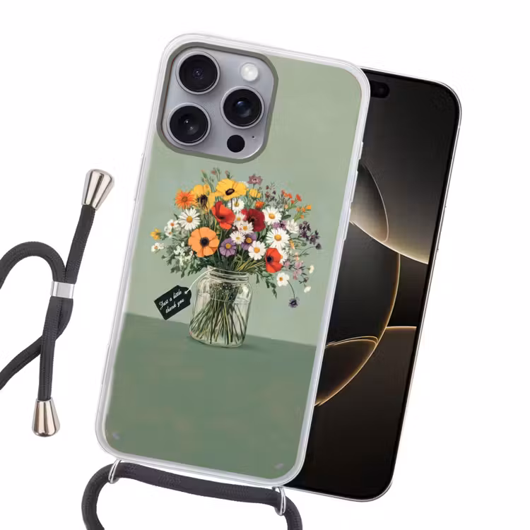Bloemen - Vaas - Kaartje Hoesje iPhone 16 Pro Max met koord klein -sfeer1
