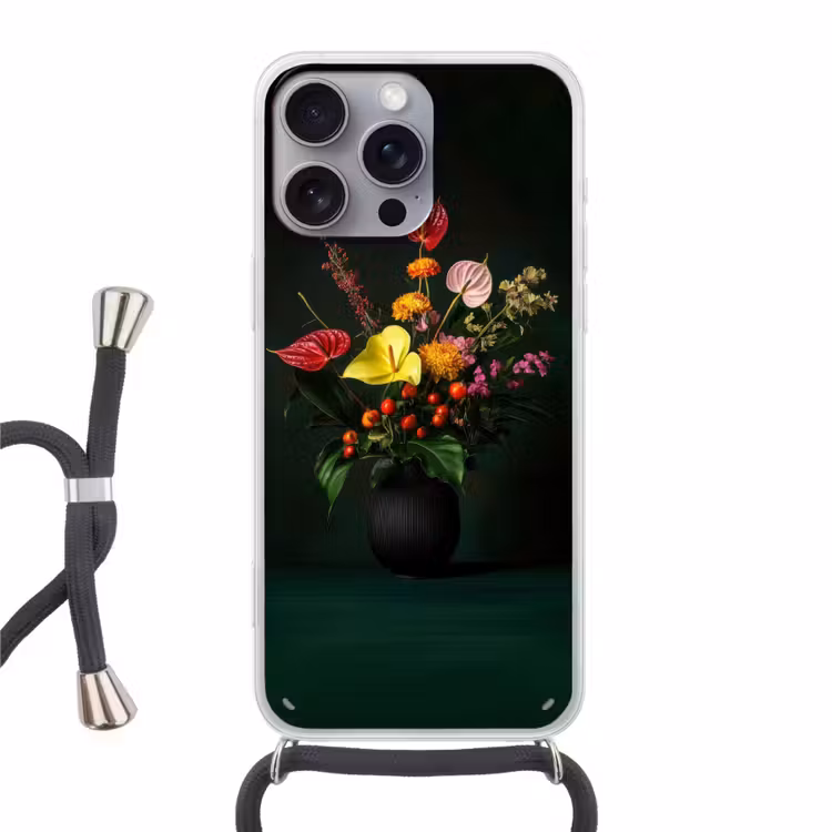 Bloemen - Vaas - Zwart Hoesje iPhone 16 Pro Max met koord klein -3d