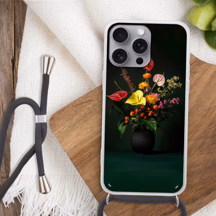 Bloemen - Vaas - Zwart Hoesje iPhone 16 Pro Max met koord klein -sfeer4