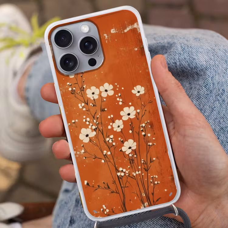 Bloemen - Wit - Subtiel - Roestkleur Hoesje iPhone 16 Pro Max met koord klein -sfeer3