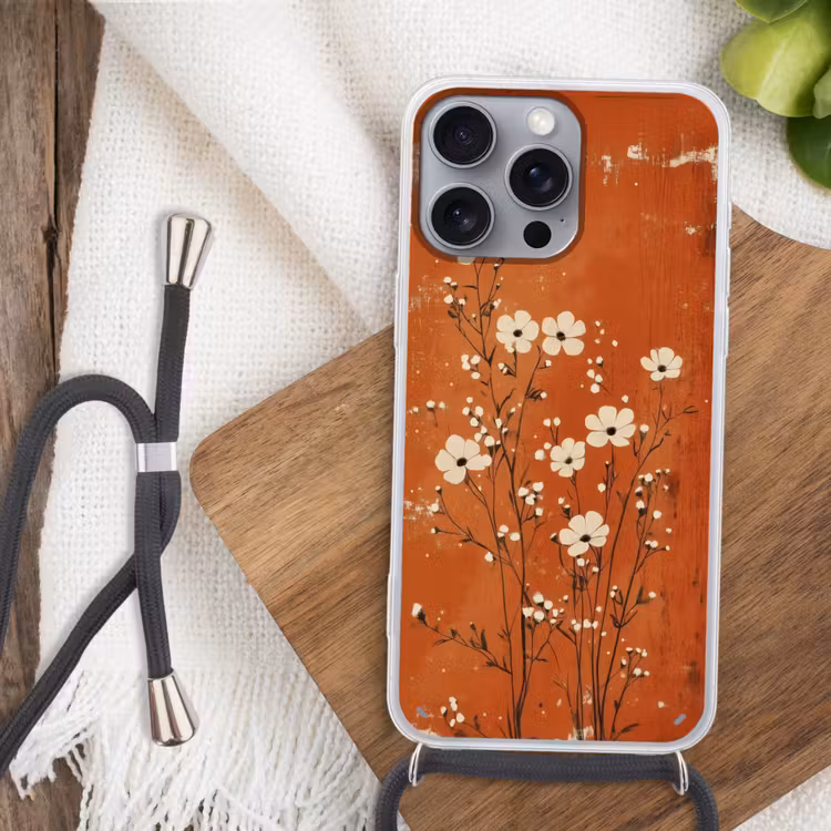 Bloemen - Wit - Subtiel - Roestkleur Hoesje iPhone 16 Pro Max met koord klein -sfeer4