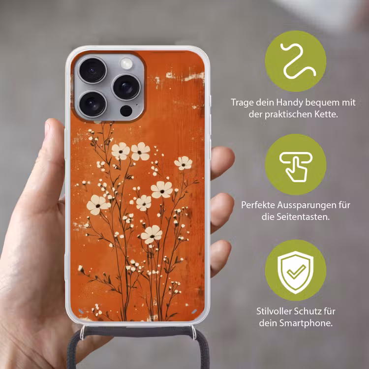 Bloemen - Wit - Subtiel - Roestkleur Hoesje iPhone 16 Pro Max met koord klein -sfeer2_DE