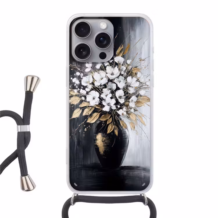 Bloemen - Wit - Vaas - Abstract Hoesje iPhone 16 Pro Max met koord klein -3d
