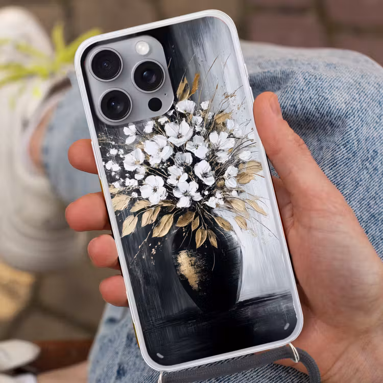 Bloemen - Wit - Vaas - Abstract Hoesje iPhone 16 Pro Max met koord klein -sfeer3