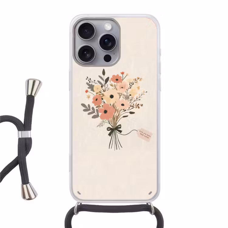 Bloemen - Quote - Beige - Lint Hoesje iPhone 16 Pro Max met koord klein -3d