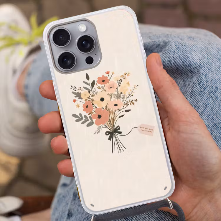 Bloemen - Quote - Beige - Lint Hoesje iPhone 16 Pro Max met koord klein -sfeer3