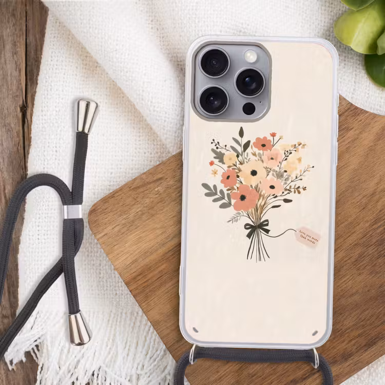 Bloemen - Quote - Beige - Lint Hoesje iPhone 16 Pro Max met koord klein -sfeer4