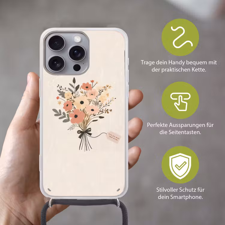 Bloemen - Quote - Beige - Lint Hoesje iPhone 16 Pro Max met koord klein -sfeer2_DE