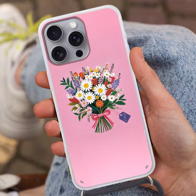 Bloemen - Quote - Kaartje - Kleurrijk Hoesje iPhone 16 Pro Max met koord klein -sfeer3