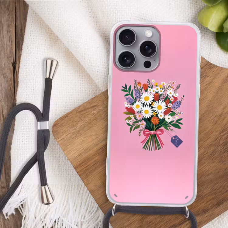 Bloemen - Quote - Kaartje - Kleurrijk Hoesje iPhone 16 Pro Max met koord klein -sfeer4