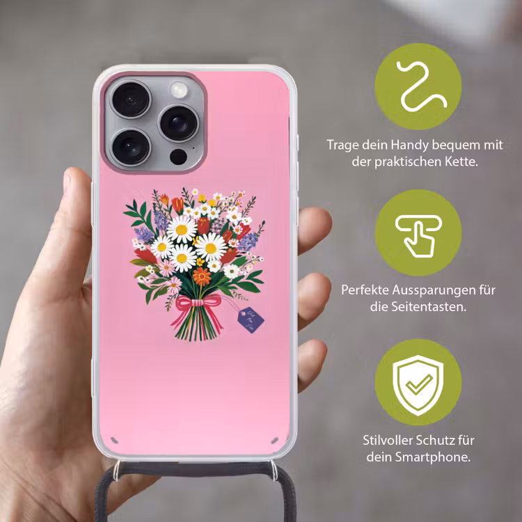 Bloemen - Quote - Kaartje - Kleurrijk Hoesje iPhone 16 Pro Max met koord klein -sfeer2_DE