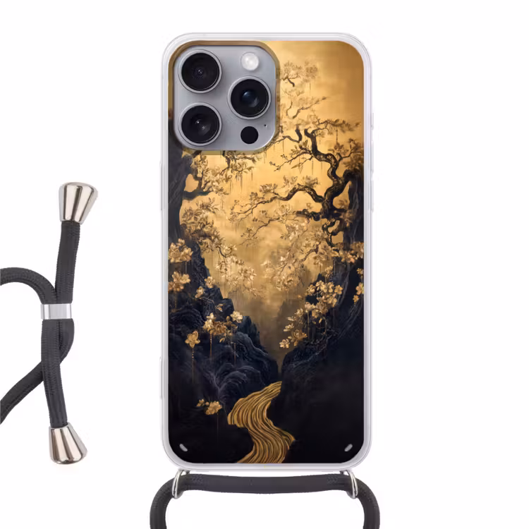 Bloemen - Takken - Goud - Sierlijk Hoesje iPhone 16 Pro Max met koord klein -3d