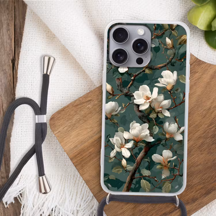 Bloemen - Takken - Wit - Klassiek Hoesje iPhone 16 Pro Max met koord klein -sfeer4