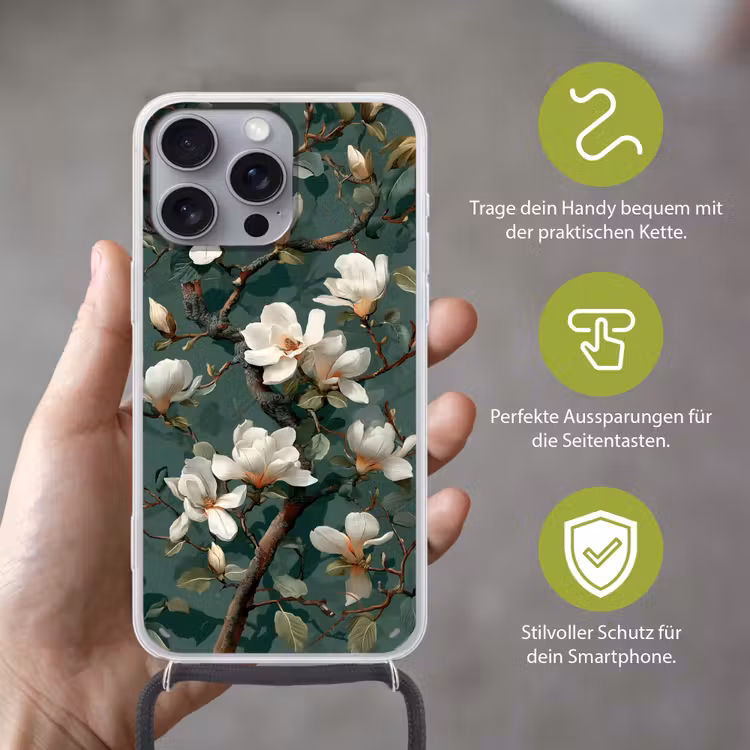 Bloemen - Takken - Wit - Klassiek Hoesje iPhone 16 Pro Max met koord klein -sfeer2_DE