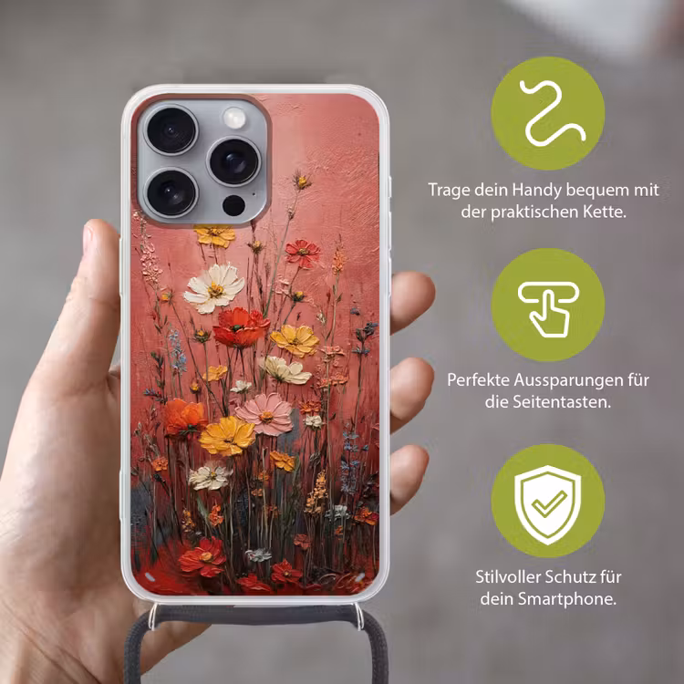 Bloemenboeket - Diepte - Tastbare textuur Hoesje iPhone 16 Pro Max met koord klein -sfeer2_DE