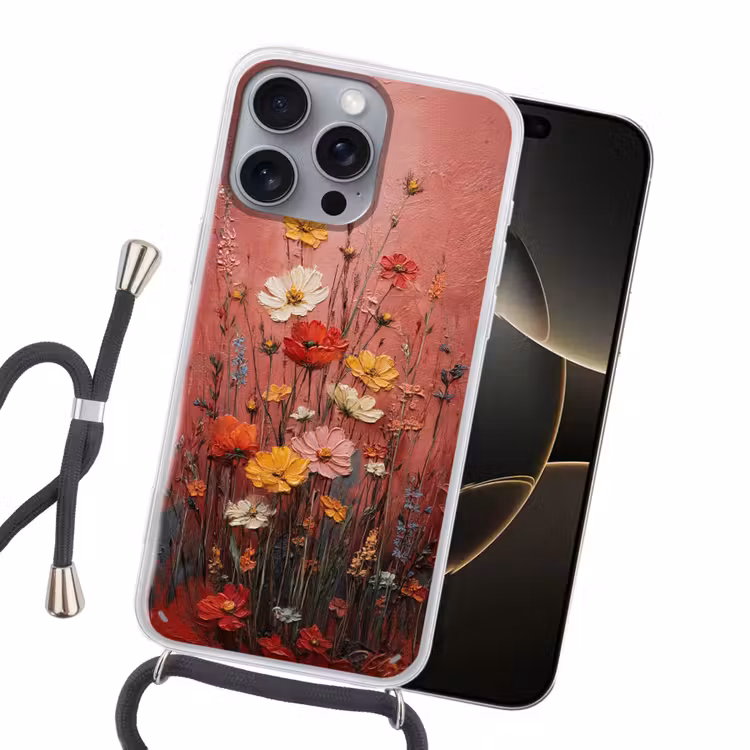 Bloemenboeket - Diepte - Tastbare textuur Hoesje iPhone 16 Pro Max met koord klein -sfeer1