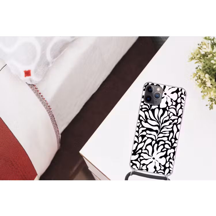 Bloemen print - Zwart - Wit - Bladeren Hoesje iPhone 12 Pro met koord klein -kamer