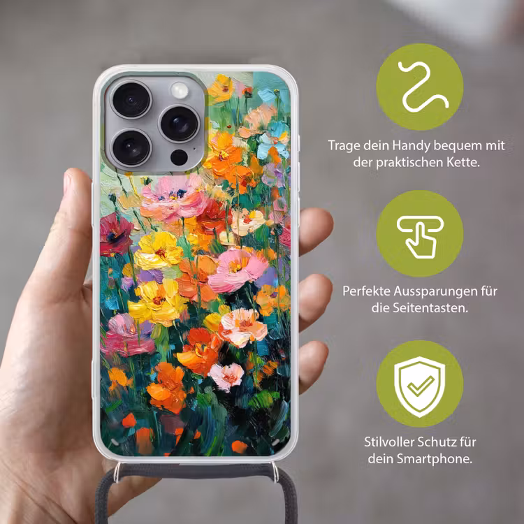 Bloemen explosie - Heldere kleuren - Vrolijk Hoesje iPhone 16 Pro Max met koord klein -sfeer2_DE