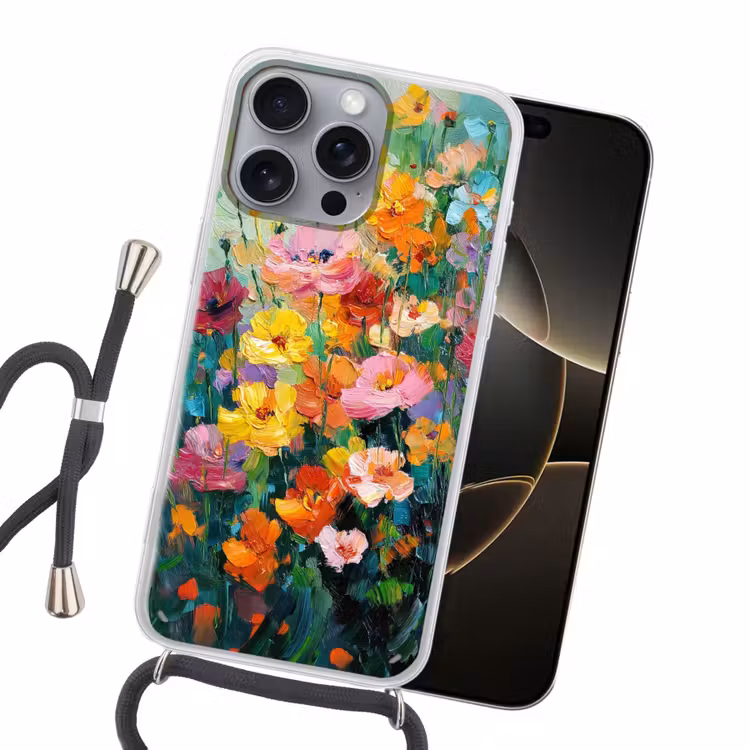 Bloemen explosie - Heldere kleuren - Vrolijk Hoesje iPhone 16 Pro Max met koord klein -sfeer1