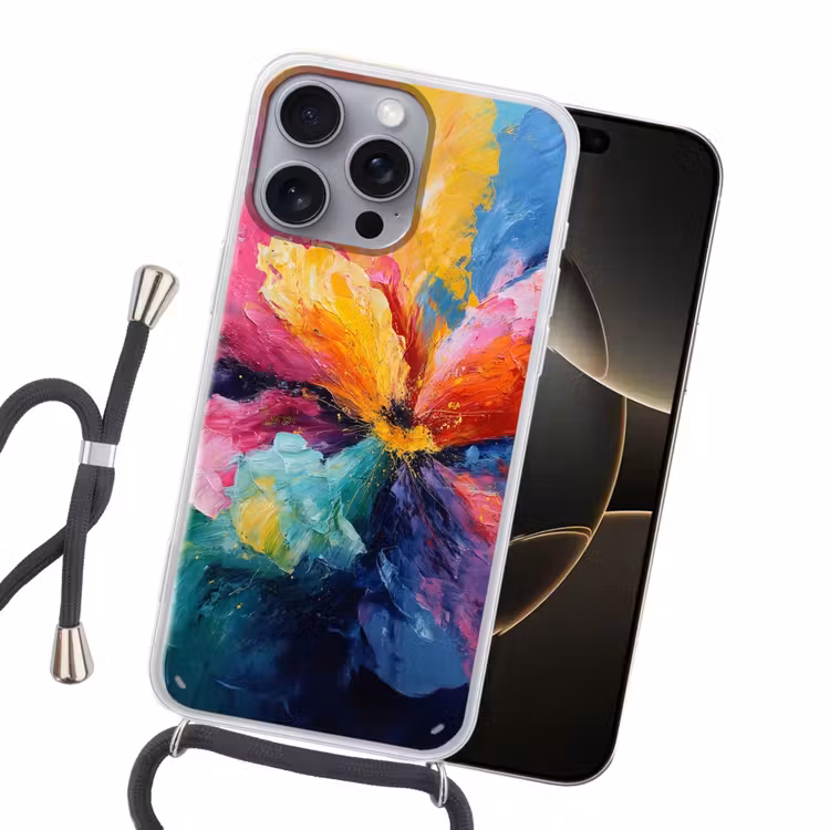 Bloemexplosie - Veelkleurig - Bewegend Hoesje iPhone 16 Pro Max met koord klein -sfeer1