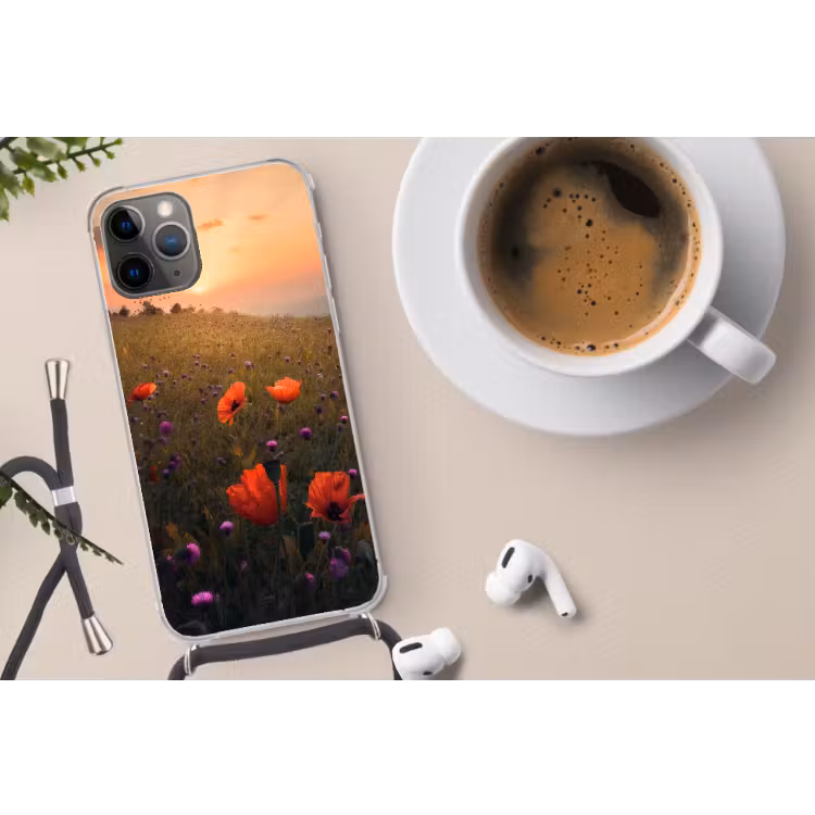 Bloemenveld - Gras - Bloemen - Planten - Zonsondergang - Oranje Hoesje iPhone 12 Pro met koord klein -oordop