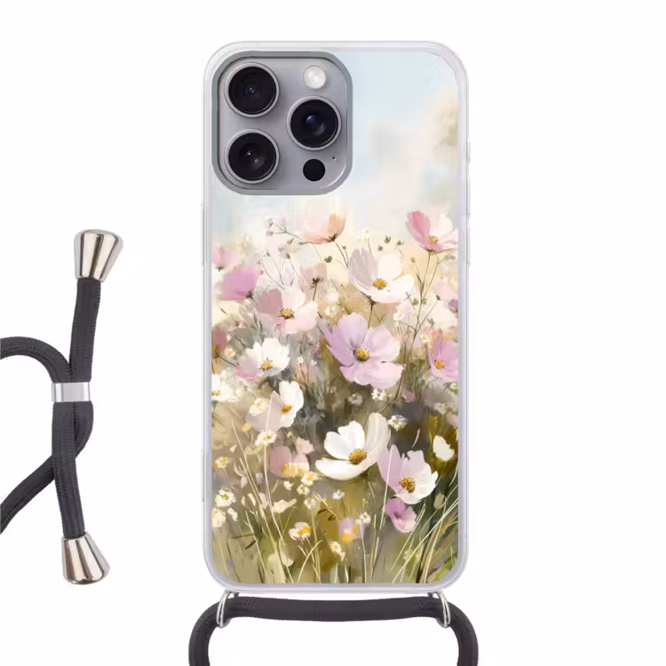 Bloemenveld - Lichte tinten - Geschilderd Hoesje iPhone 16 Pro Max met koord klein -3d