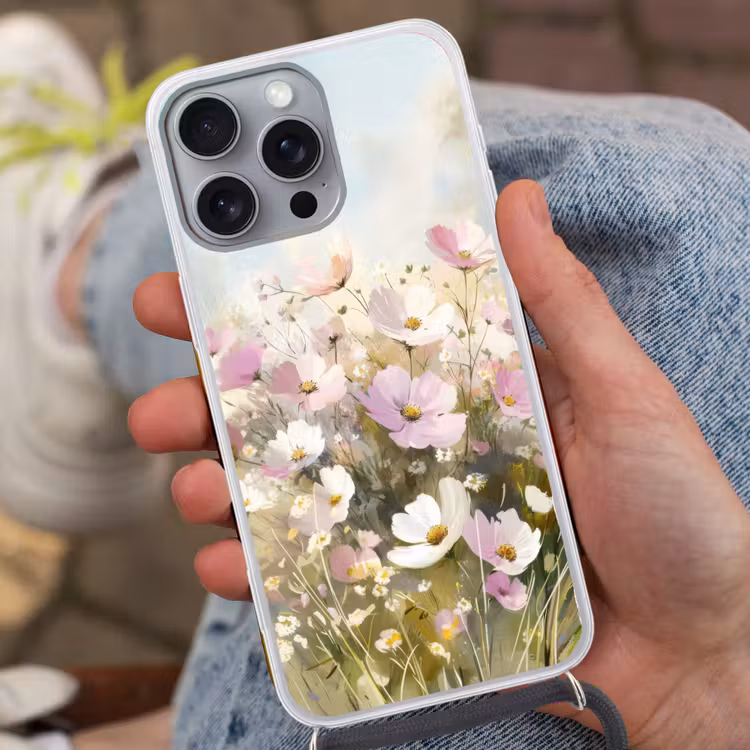 Bloemenveld - Lichte tinten - Geschilderd Hoesje iPhone 16 Pro Max met koord klein -sfeer3