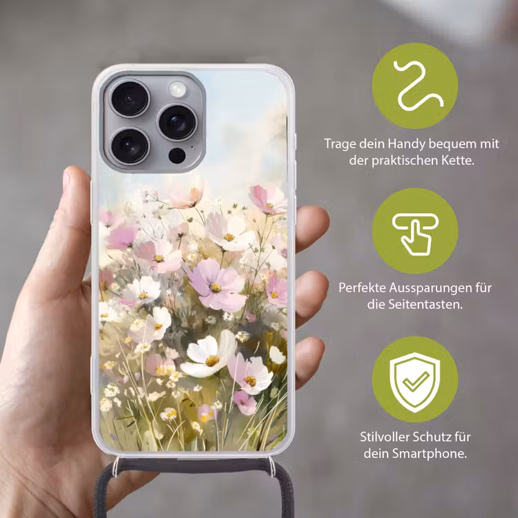 Bloemenveld - Lichte tinten - Geschilderd Hoesje iPhone 16 Pro Max met koord klein -sfeer2_DE