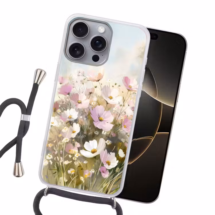Bloemenveld - Lichte tinten - Geschilderd Hoesje iPhone 16 Pro Max met koord klein -sfeer1