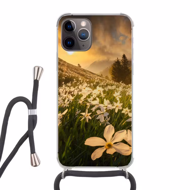 Bloemenveld - Heuvels - Zonsondergang - Berg - Natuur - Wit - Heuvels Hoesje iPhone 12 Pro met koord klein -3d