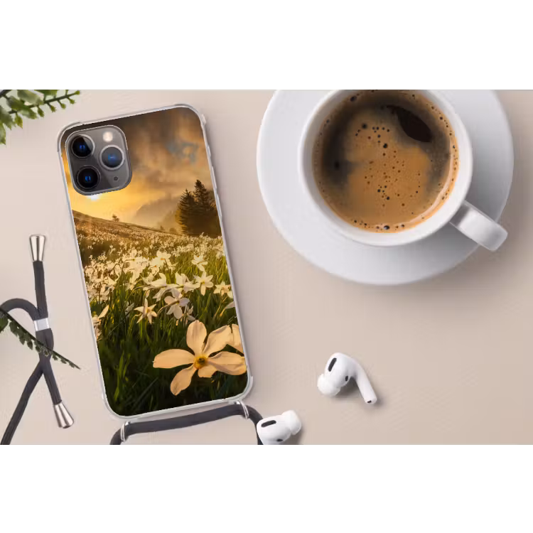 Bloemenveld - Heuvels - Zonsondergang - Berg - Natuur - Wit - Heuvels Hoesje iPhone 12 Pro met koord klein -oordop