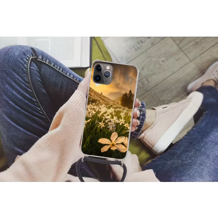 Bloemenveld - Heuvels - Zonsondergang - Berg - Natuur - Wit - Heuvels Hoesje iPhone 12 Pro met koord klein -hand