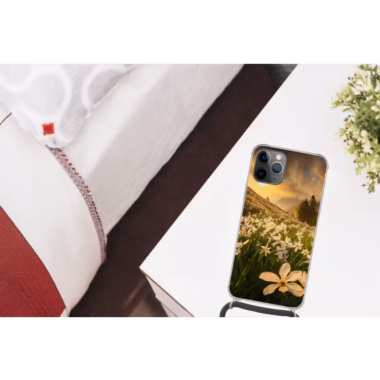 Bloemenveld - Heuvels - Zonsondergang - Berg - Natuur - Wit - Heuvels Hoesje iPhone 12 Pro met koord klein -kamer