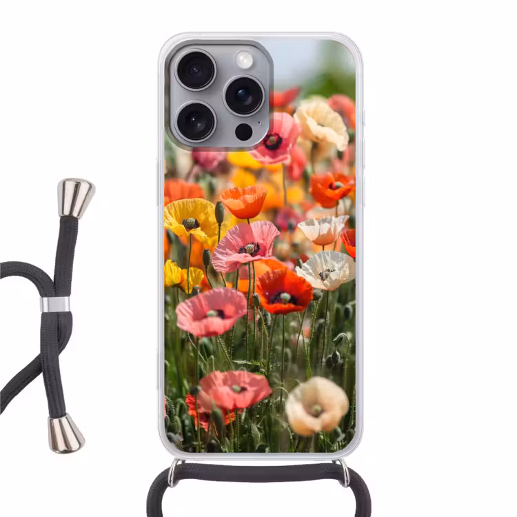 Bloemenveld - Klaprozen - Kleurrijk Hoesje iPhone 16 Pro Max met koord klein -3d