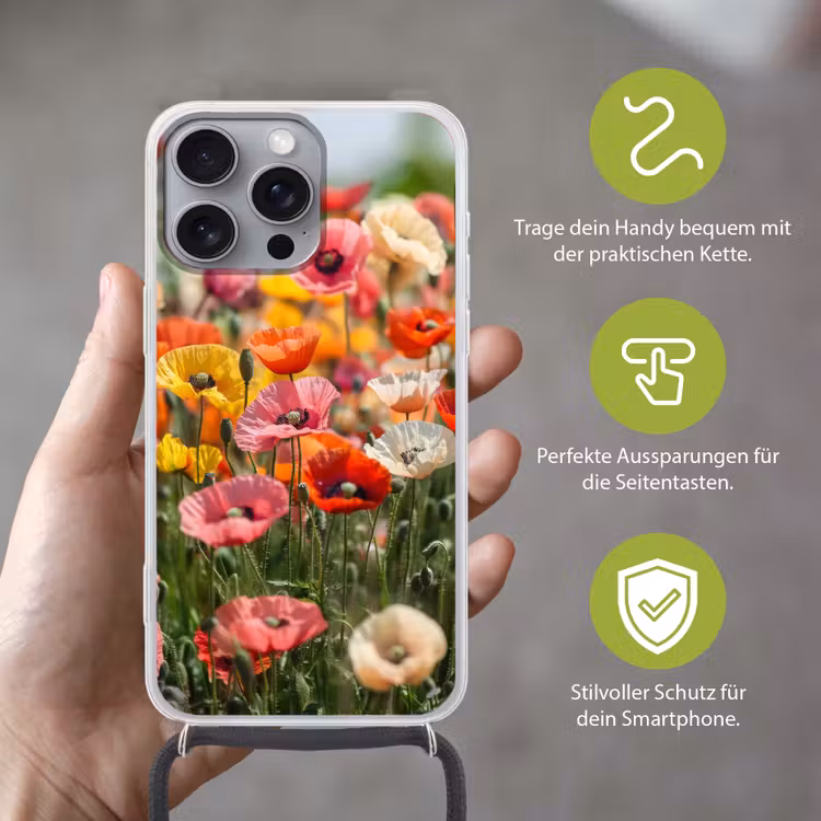 Bloemenveld - Klaprozen - Kleurrijk Hoesje iPhone 16 Pro Max met koord klein -sfeer2_DE