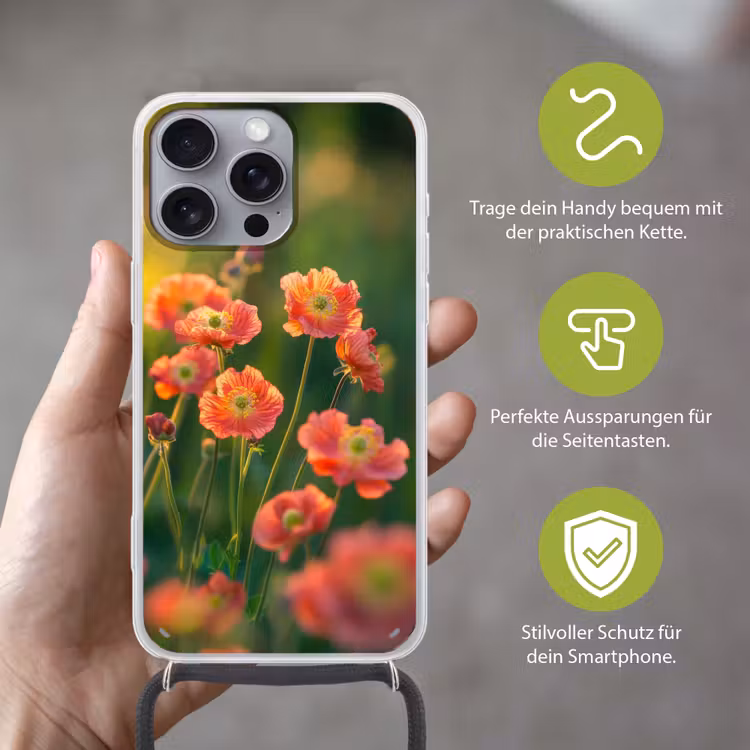 Bloemenveld - Zonnestralen - Oranje Hoesje iPhone 16 Pro Max met koord klein -sfeer2_DE