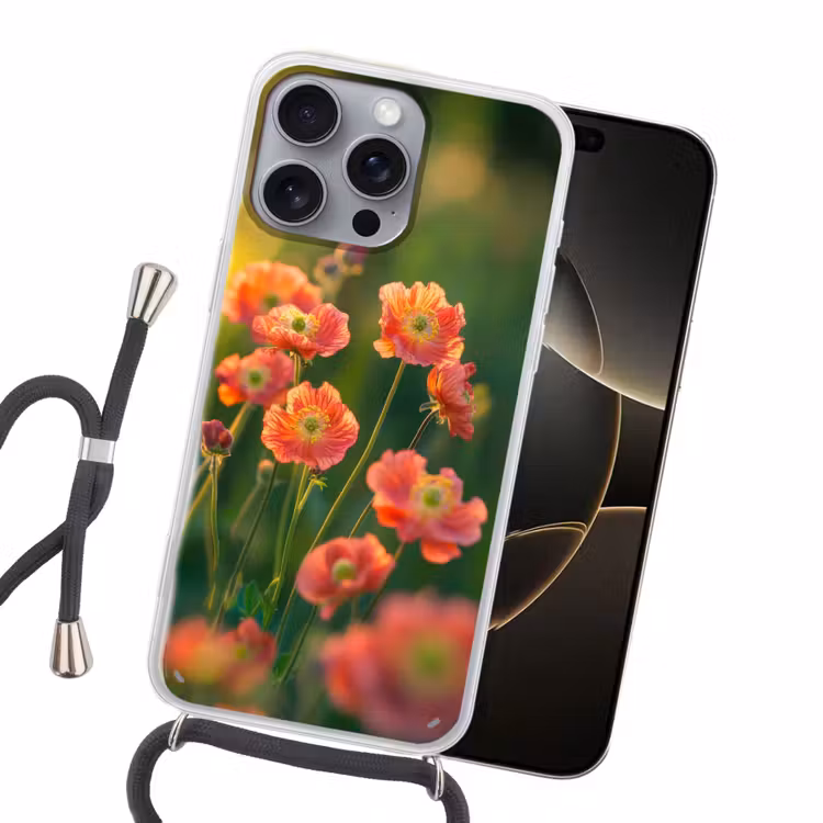 Bloemenveld - Zonnestralen - Oranje Hoesje iPhone 16 Pro Max met koord klein -sfeer1