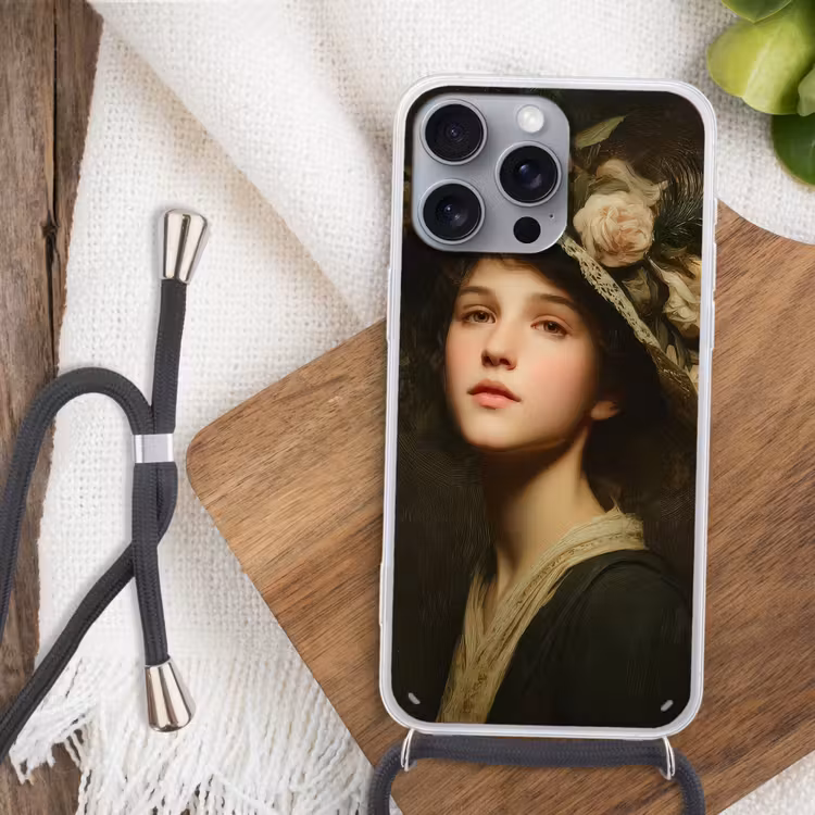 Bloemenhoed - Portret - Vrouw Hoesje iPhone 16 Pro Max met koord klein -sfeer4