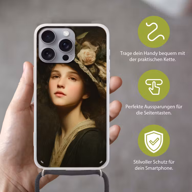 Bloemenhoed - Portret - Vrouw Hoesje iPhone 16 Pro Max met koord klein -sfeer2_DE