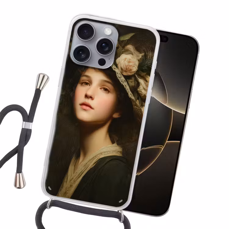 Bloemenhoed - Portret - Vrouw Hoesje iPhone 16 Pro Max met koord klein -sfeer1