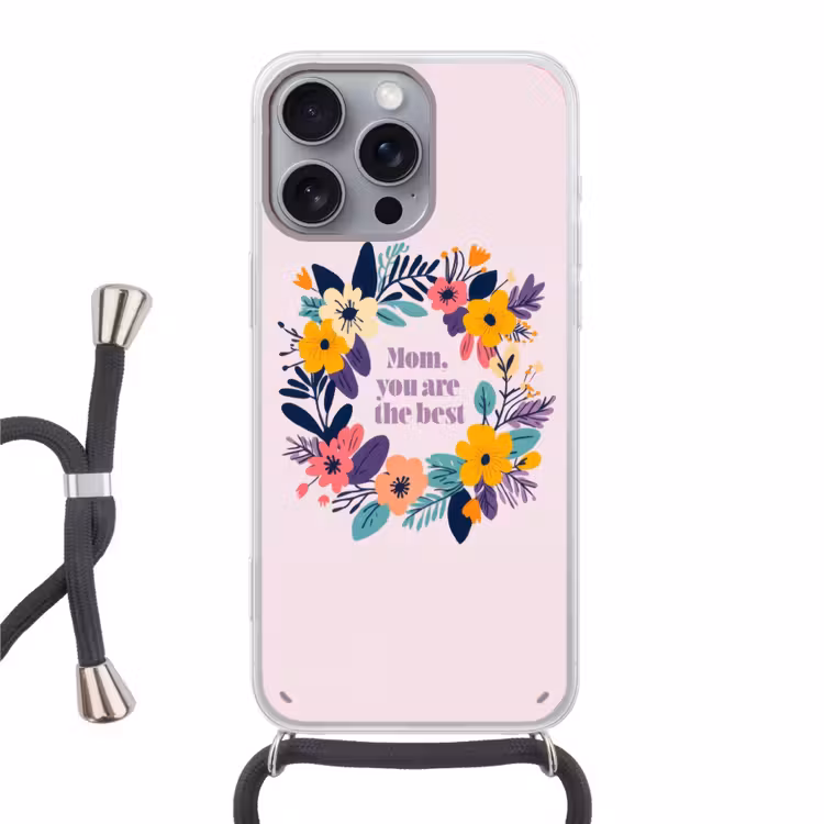 Bloemenkrans - Kleurrijk - Moeder Hoesje iPhone 16 Pro Max met koord klein -3d