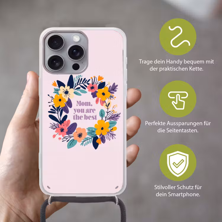 Bloemenkrans - Kleurrijk - Moeder Hoesje iPhone 16 Pro Max met koord klein -sfeer2_DE