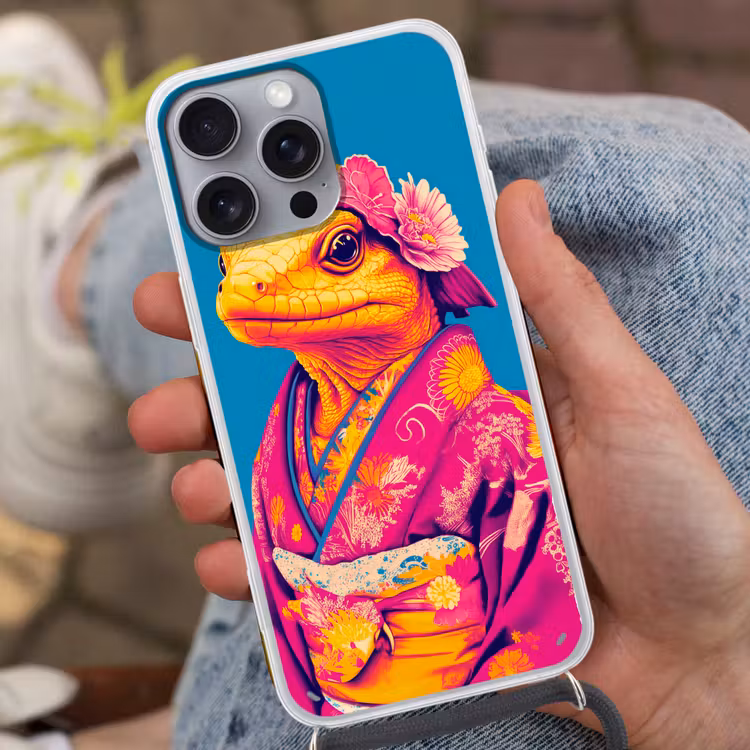 Bloemenkrans - Hagedis - Kimono - Paars Hoesje iPhone 16 Pro Max met koord klein -sfeer3