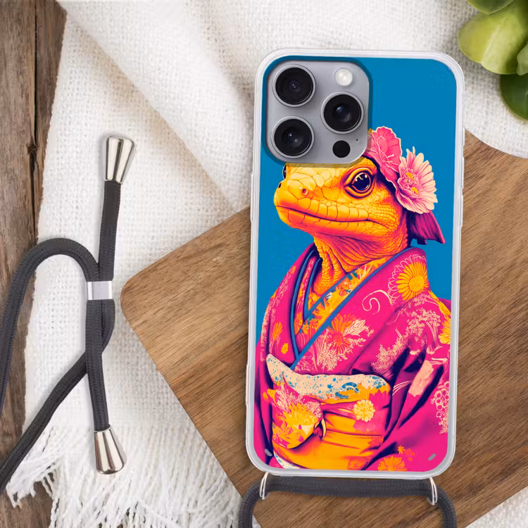 Bloemenkrans - Hagedis - Kimono - Paars Hoesje iPhone 16 Pro Max met koord klein -sfeer4