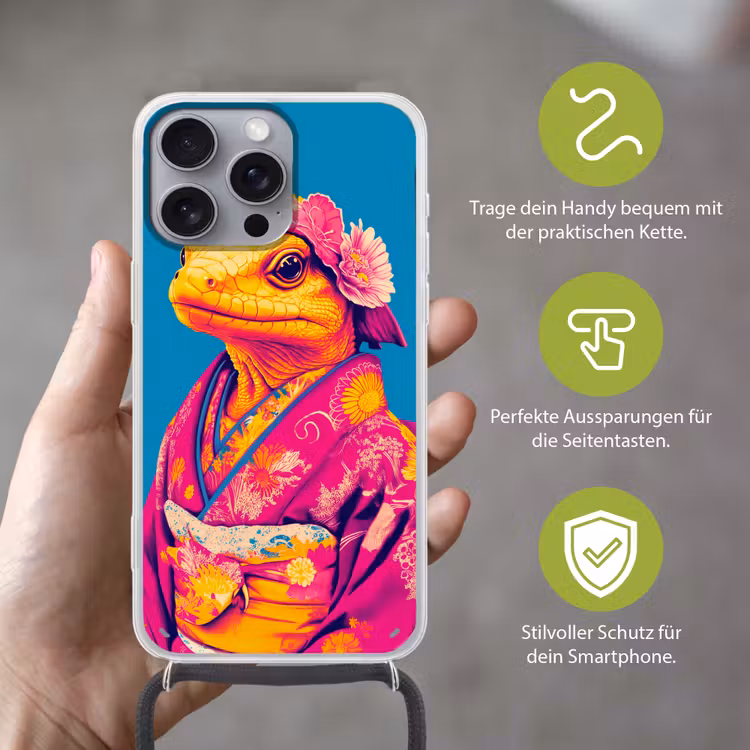 Bloemenkrans - Hagedis - Kimono - Paars Hoesje iPhone 16 Pro Max met koord klein -sfeer2_DE