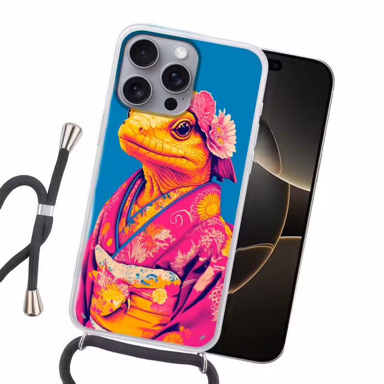 Bloemenkrans - Hagedis - Kimono - Paars Hoesje iPhone 16 Pro Max met koord klein -sfeer1