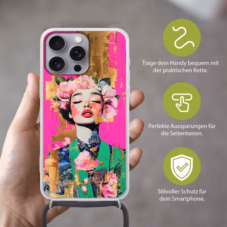 Bloemenkroon - Goud - Vrouw - Portret Hoesje iPhone 16 Pro Max met koord klein -sfeer2_DE