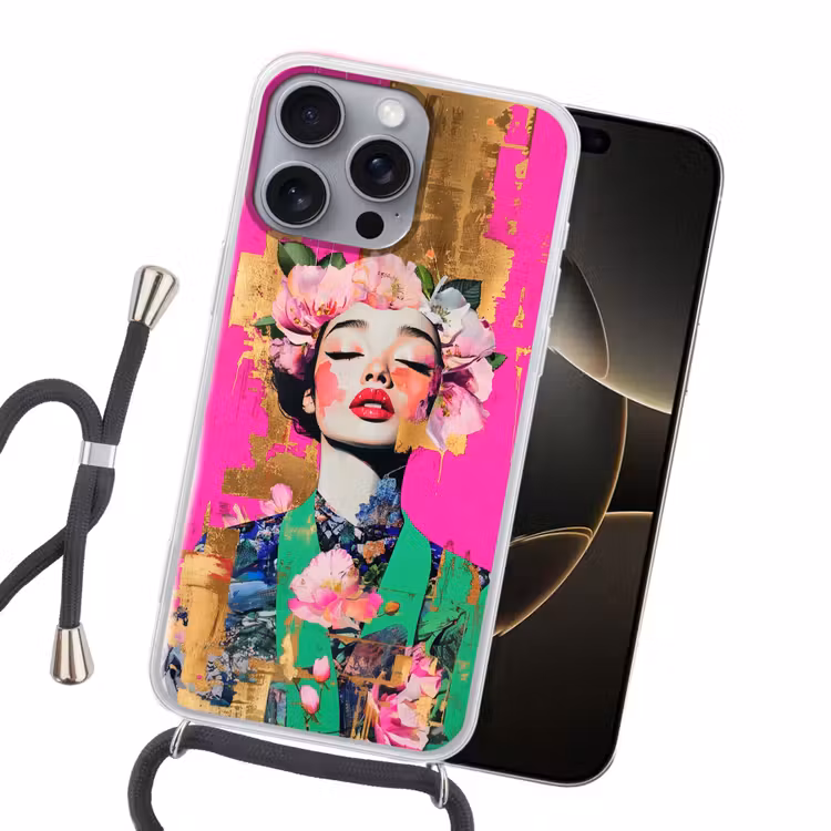 Bloemenkroon - Goud - Vrouw - Portret Hoesje iPhone 16 Pro Max met koord klein -sfeer1