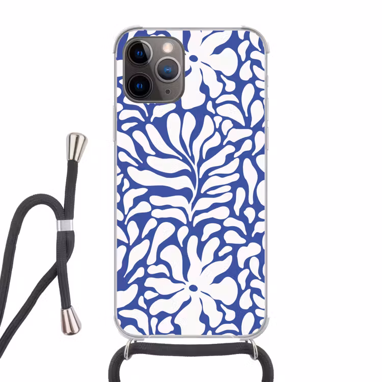 Bloemen patroon - Blauw - Wit - Bladeren Hoesje iPhone 12 Pro met koord klein -3d